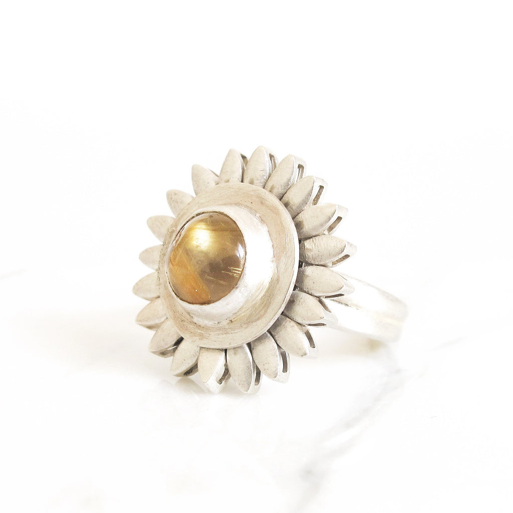 Primavera Sunflower Spinner Ring with Rutile Quartz
