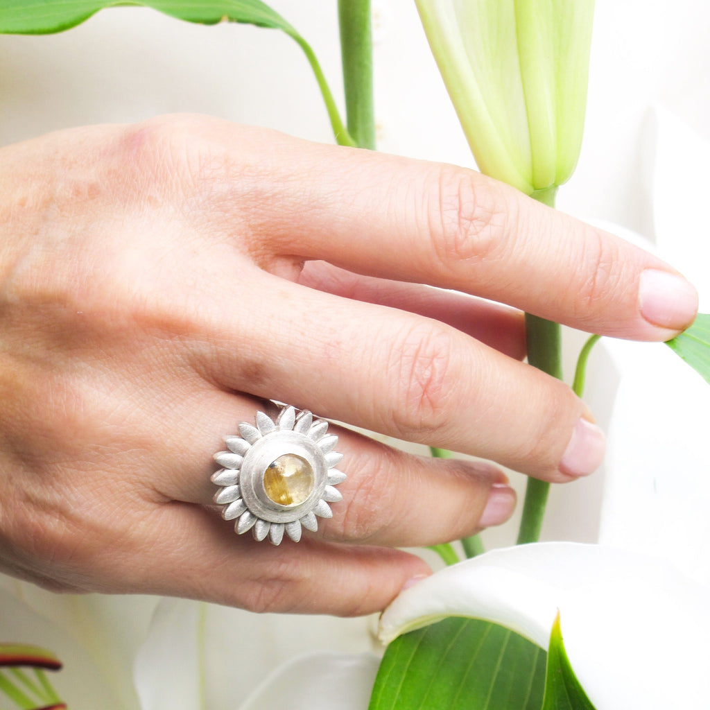 14K Gold Plated Sunflower Ring: Rutile Quartz Spinning Fidget Jewelry