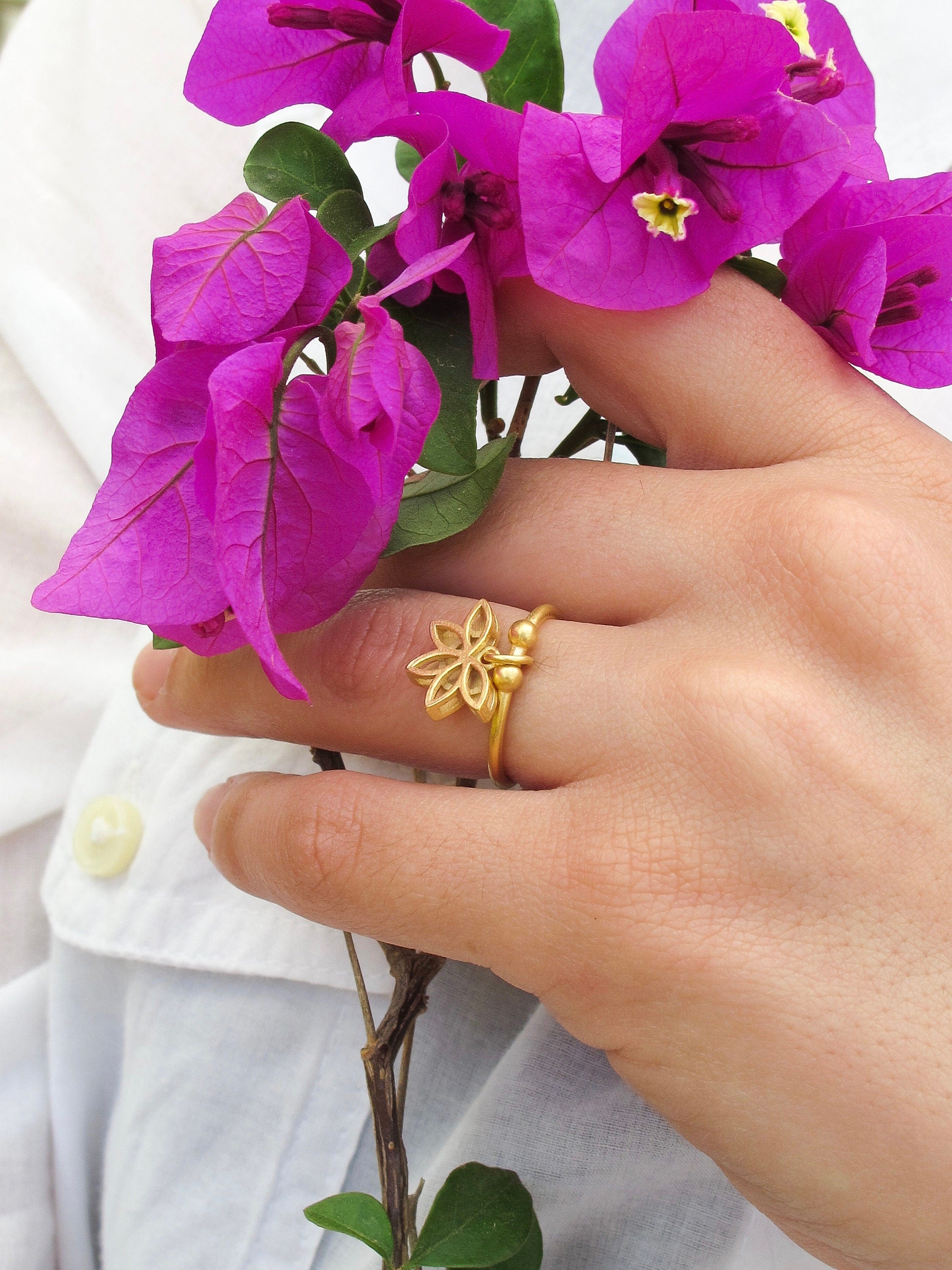 18K Gold Plated Lotus Flower Ring: Adjustable Sterling Silver Charm