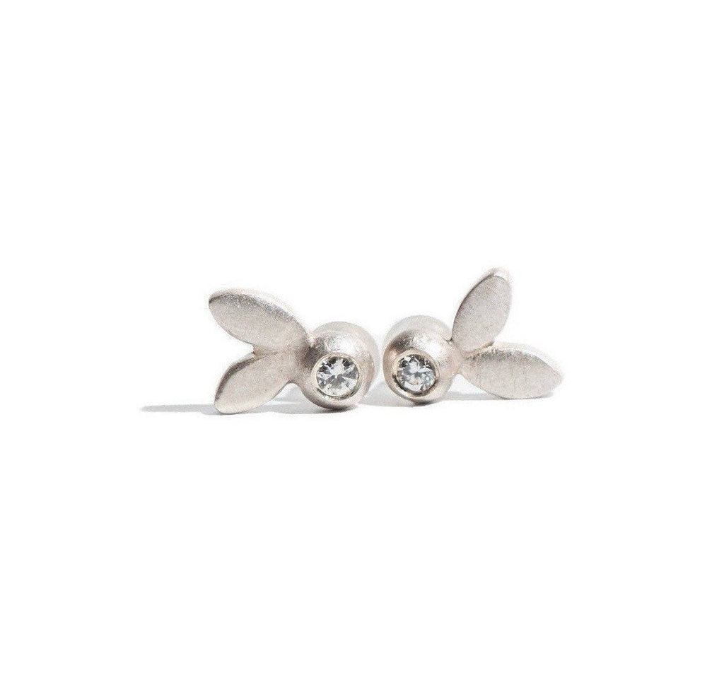 Sterling Silver Olive Leaf Diamond Stud Earrings, Botanical Jewelry