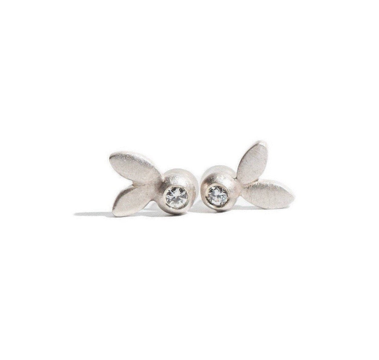 Sterling Silver Olive Leaf Diamond Stud Earrings, Botanical Jewelry