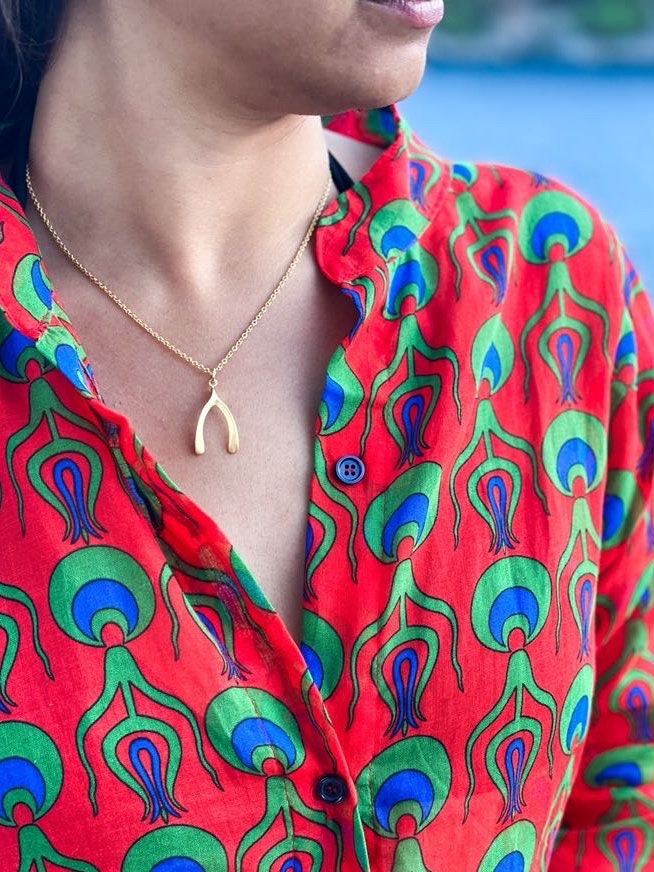 18K Gold Plated Wishbone Necklace: Sterling Silver Lucky Charm Pendant