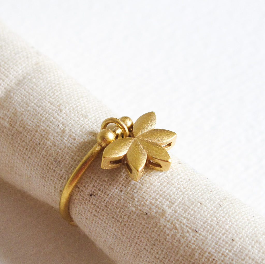 18K Gold Plated Lotus Flower Ring: Adjustable Sterling Silver Charm