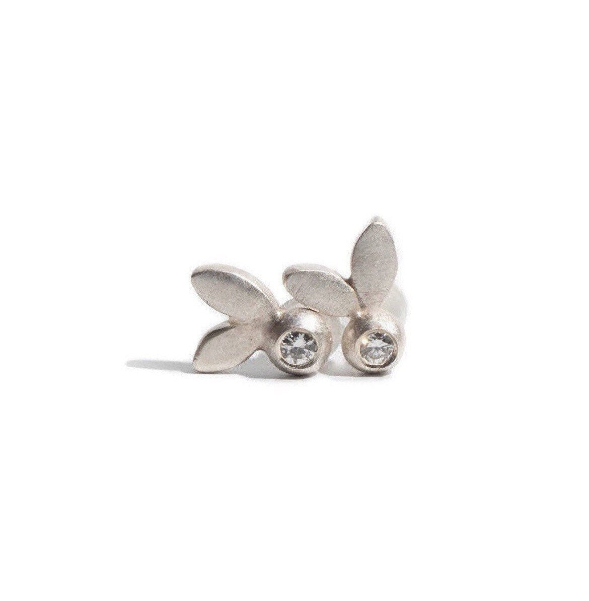 Sterling Silver Olive Leaf Diamond Stud Earrings, Botanical Jewelry