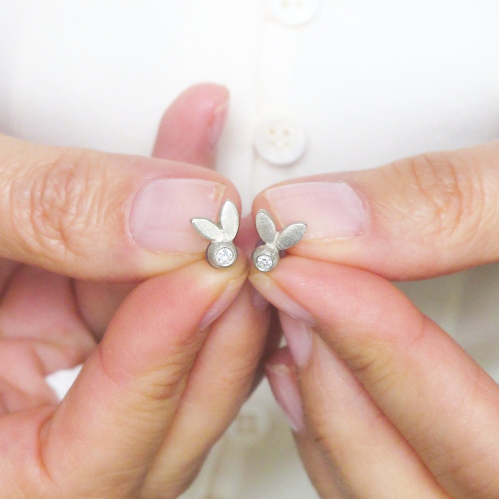 Sterling Silver Olive Leaf Diamond Stud Earrings, Botanical Jewelry