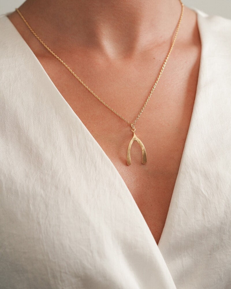 18K Gold Plated Wishbone Necklace: Sterling Silver Lucky Charm Pendant