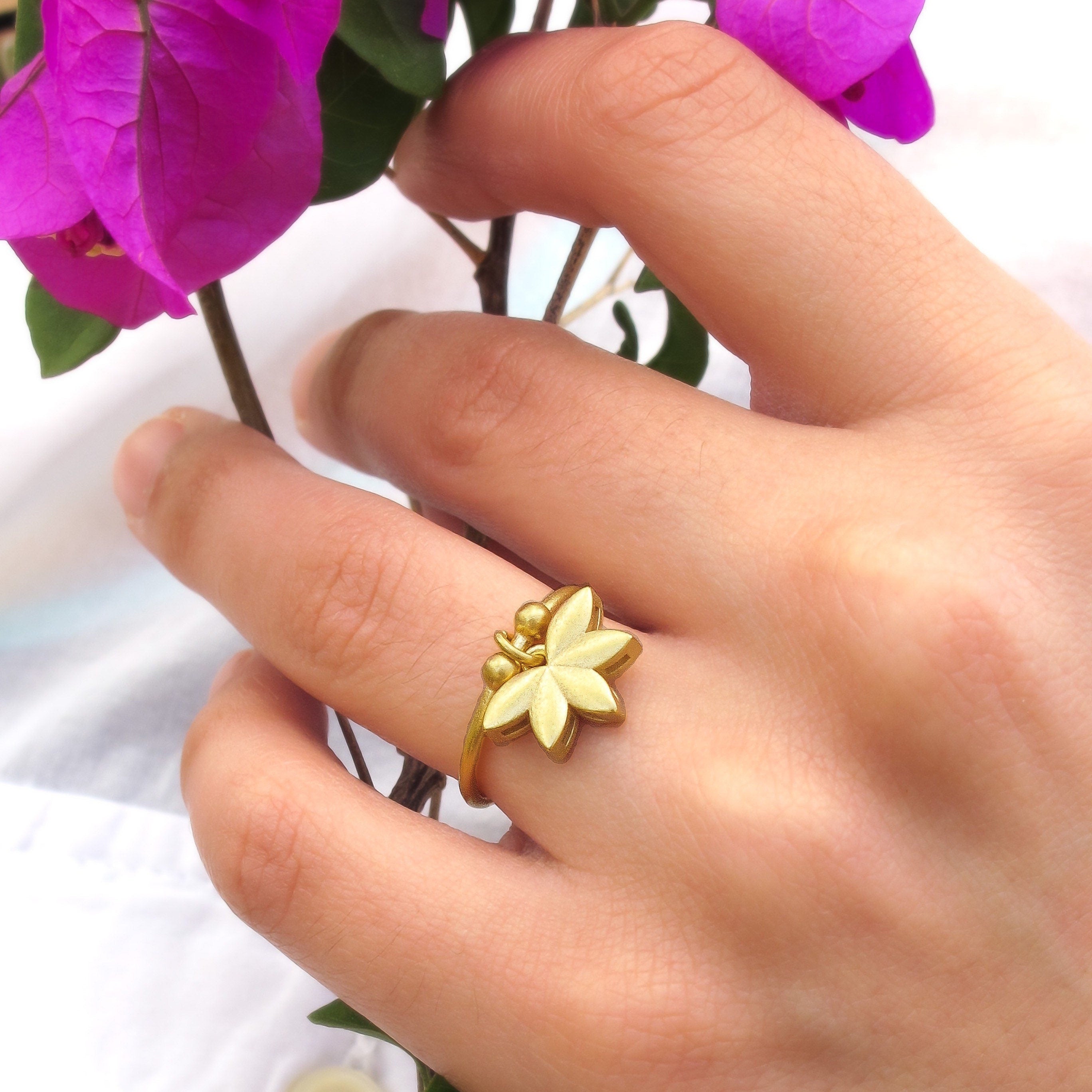 18K Gold Plated Lotus Flower Ring: Adjustable Sterling Silver Charm