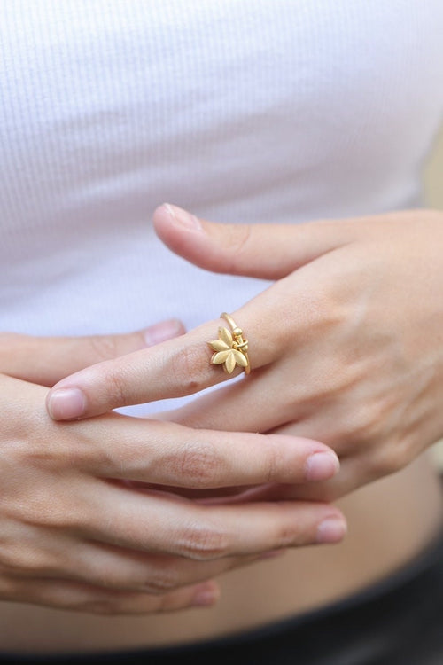 18K Gold Plated Lotus Flower Ring: Adjustable Sterling Silver Charm