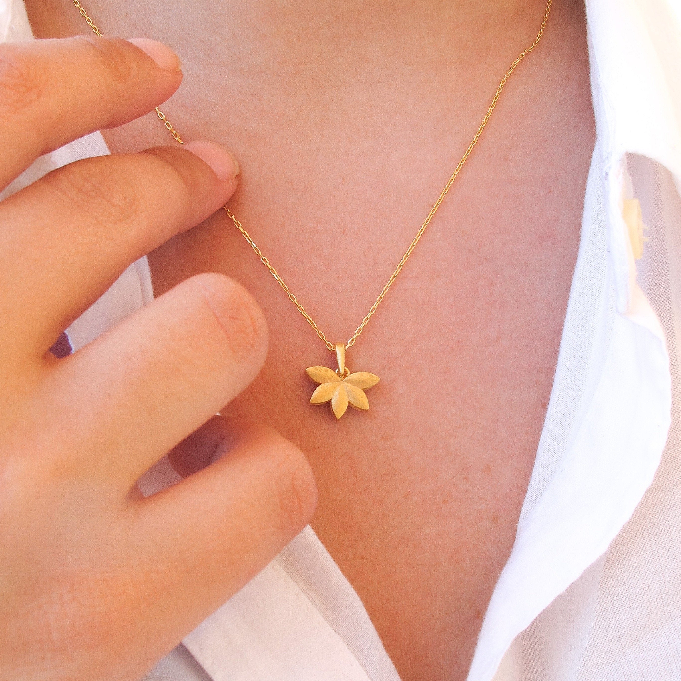 Gold Plated Lotus Flower Necklace: Handmade Sterling Silver Water Lily Pendant