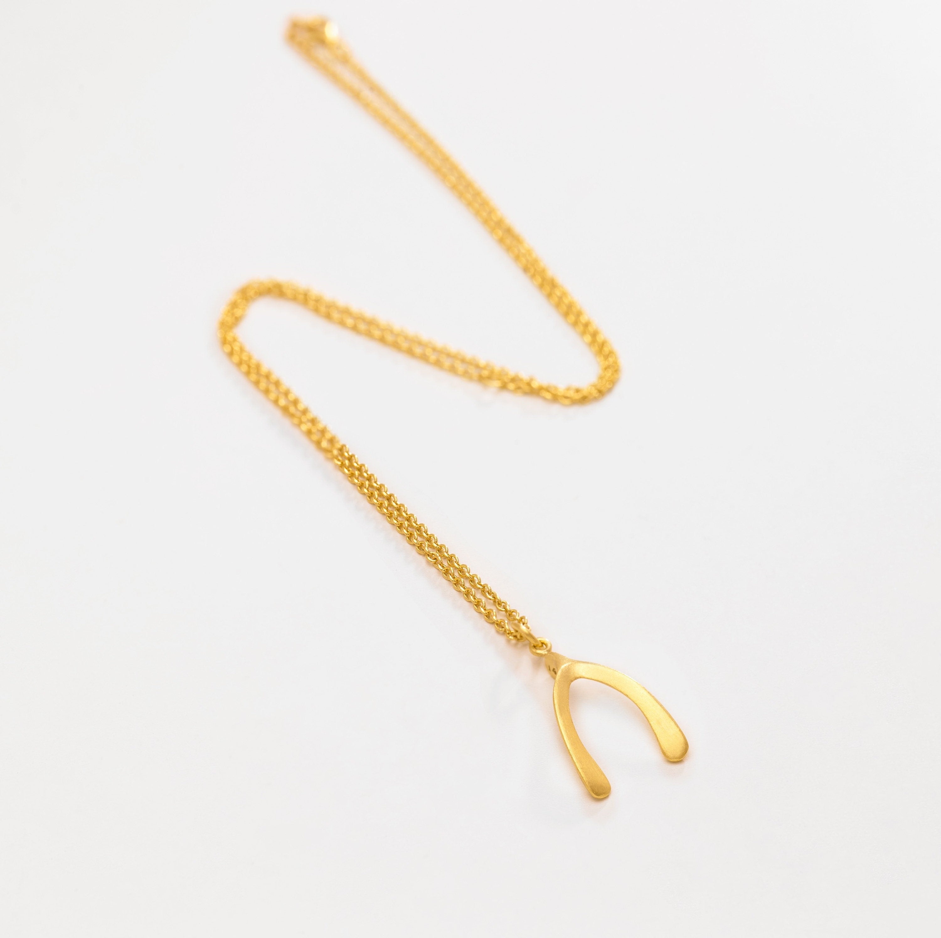18K Gold Plated Wishbone Necklace: Sterling Silver Lucky Charm Pendant