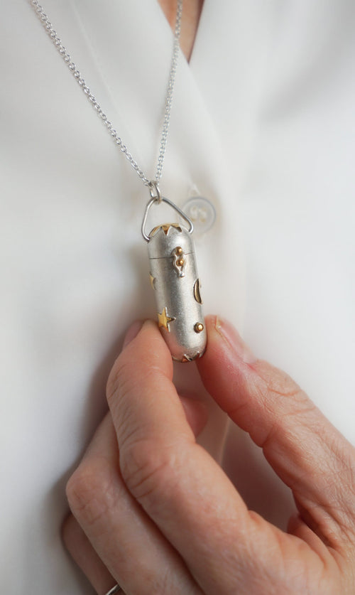 Crescent Moon & Stars Locket Necklace