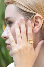 18K Gold Plated Lotus Flower Ring: Adjustable Sterling Silver Charm
