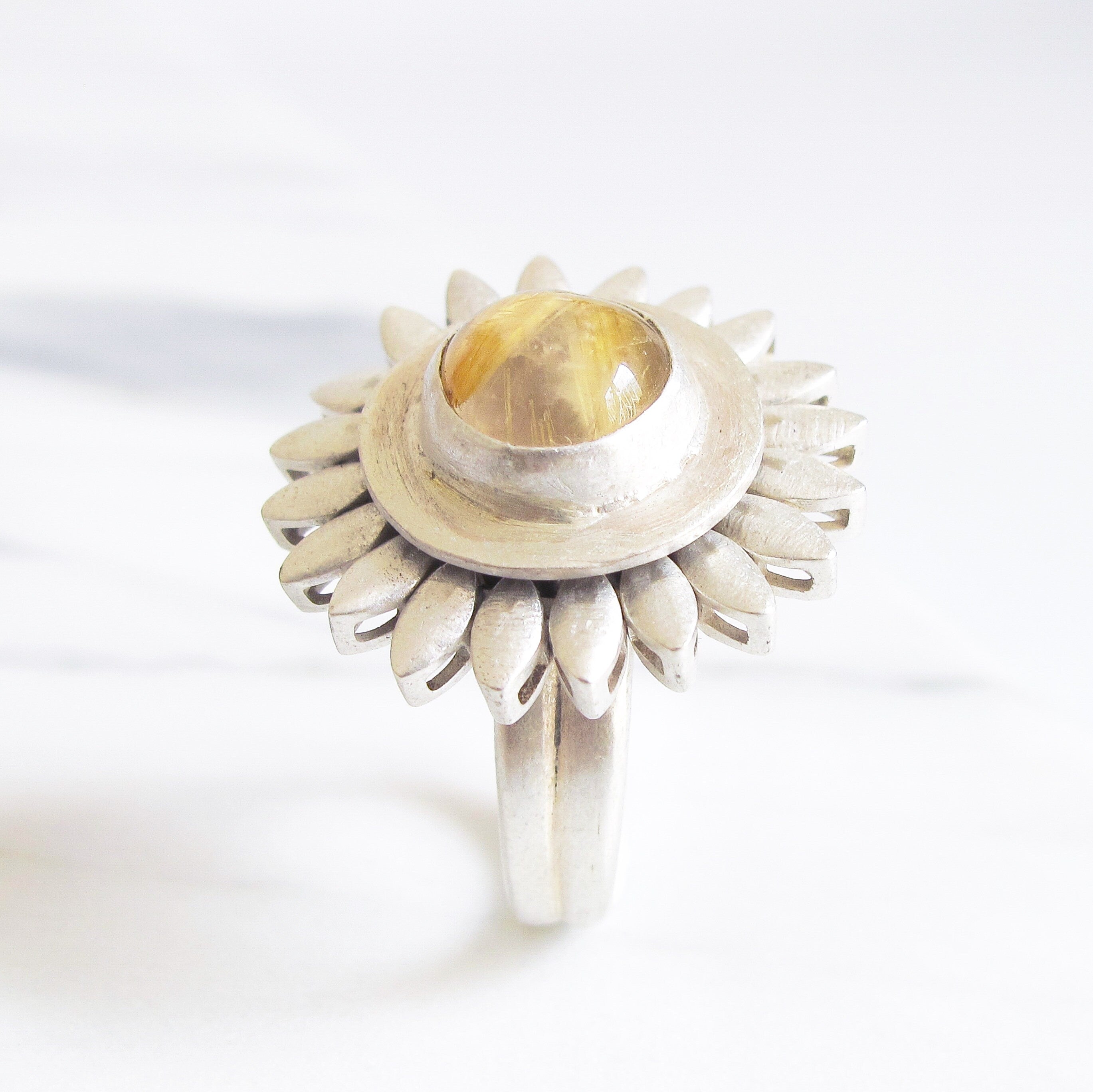 14K Gold Plated Sunflower Ring: Rutile Quartz Spinning Fidget Jewelry