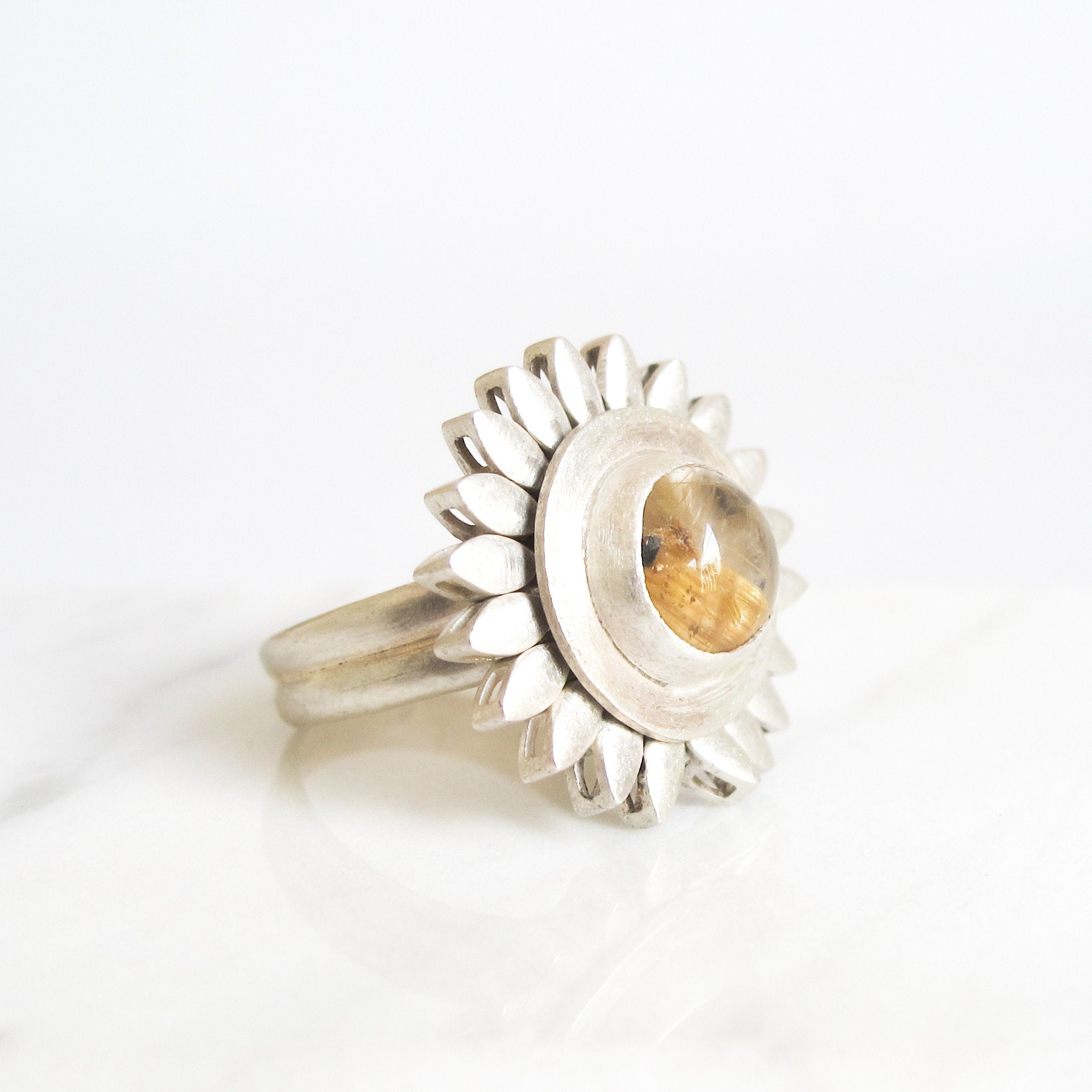 14K Gold Plated Sunflower Ring: Rutile Quartz Spinning Fidget Jewelry