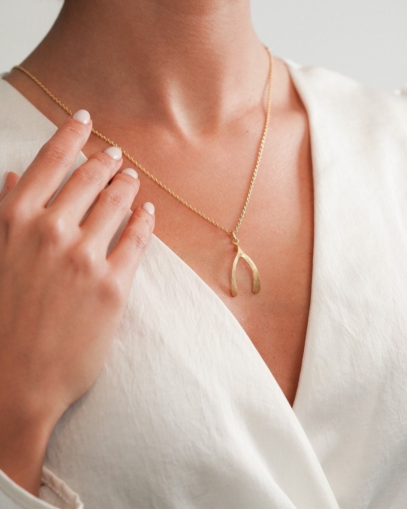 18K Gold Plated Wishbone Necklace: Sterling Silver Lucky Charm Pendant
