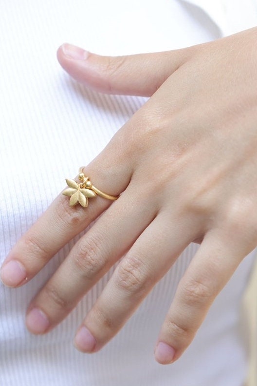 18K Gold Plated Lotus Flower Ring: Adjustable Sterling Silver Charm