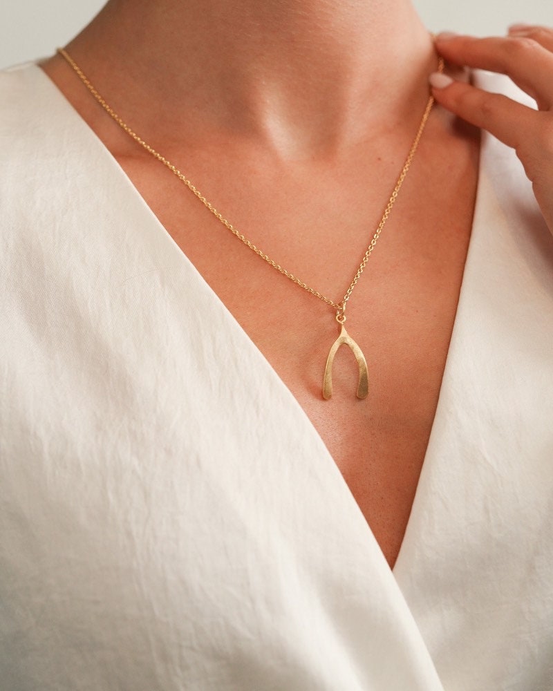 18K Gold Plated Wishbone Necklace: Sterling Silver Lucky Charm Pendant