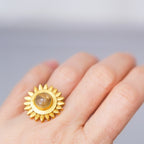 14K Gold Plated Sunflower Ring: Rutile Quartz Spinning Fidget Jewelry