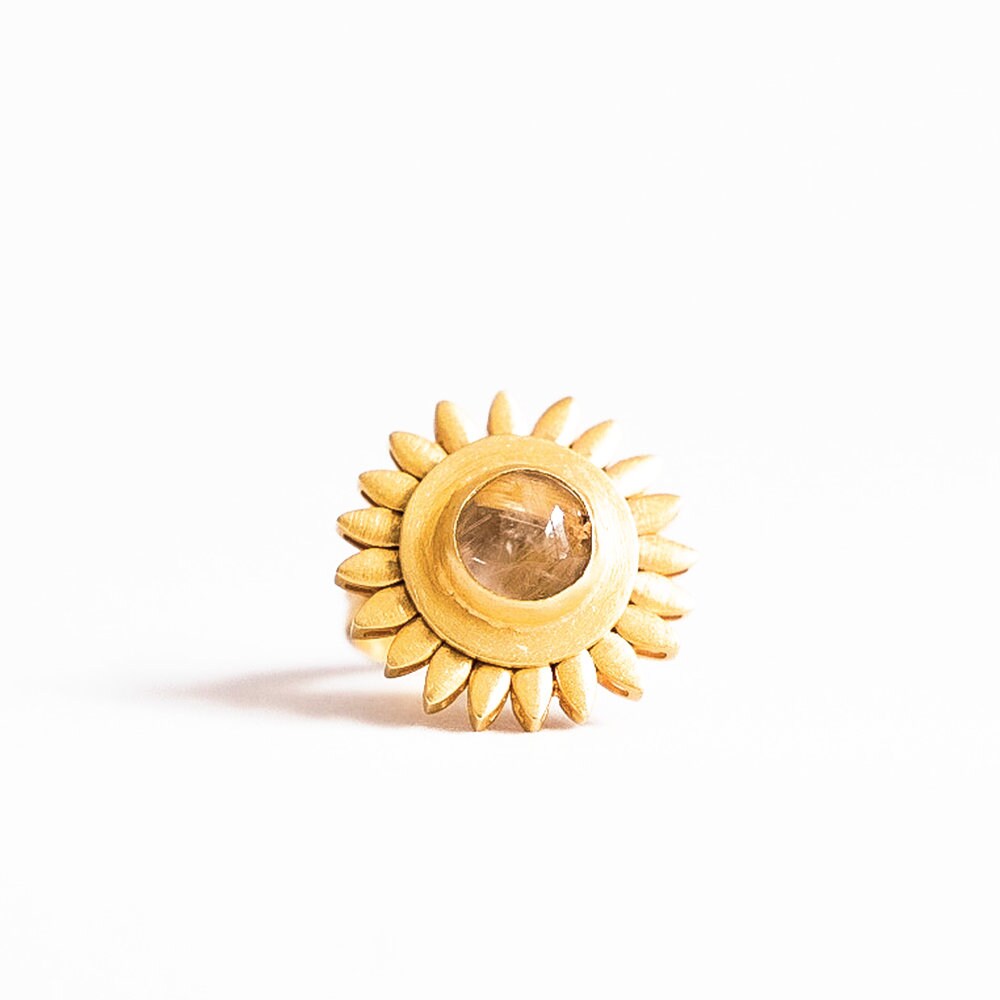 14K Gold Plated Sunflower Ring: Rutile Quartz Spinning Fidget Jewelry
