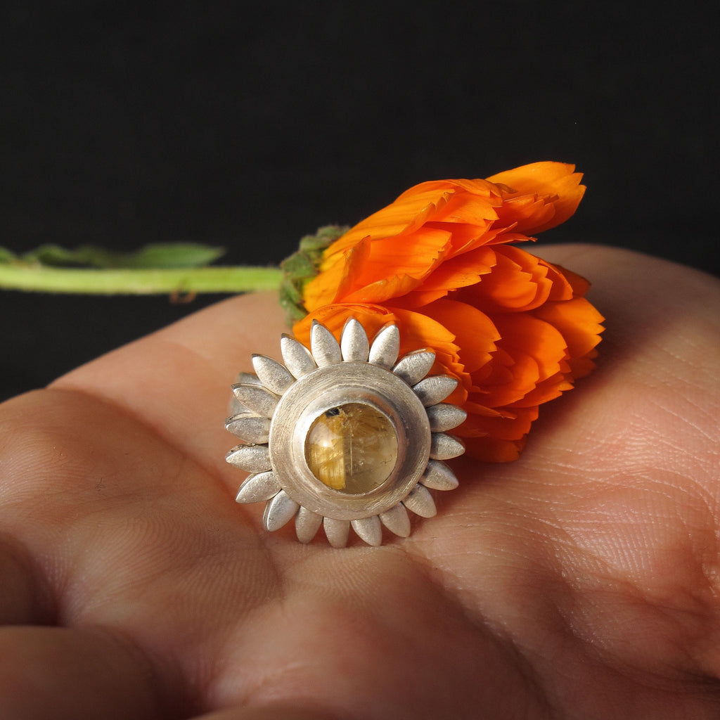14K Gold Plated Sunflower Ring: Rutile Quartz Spinning Fidget Jewelry