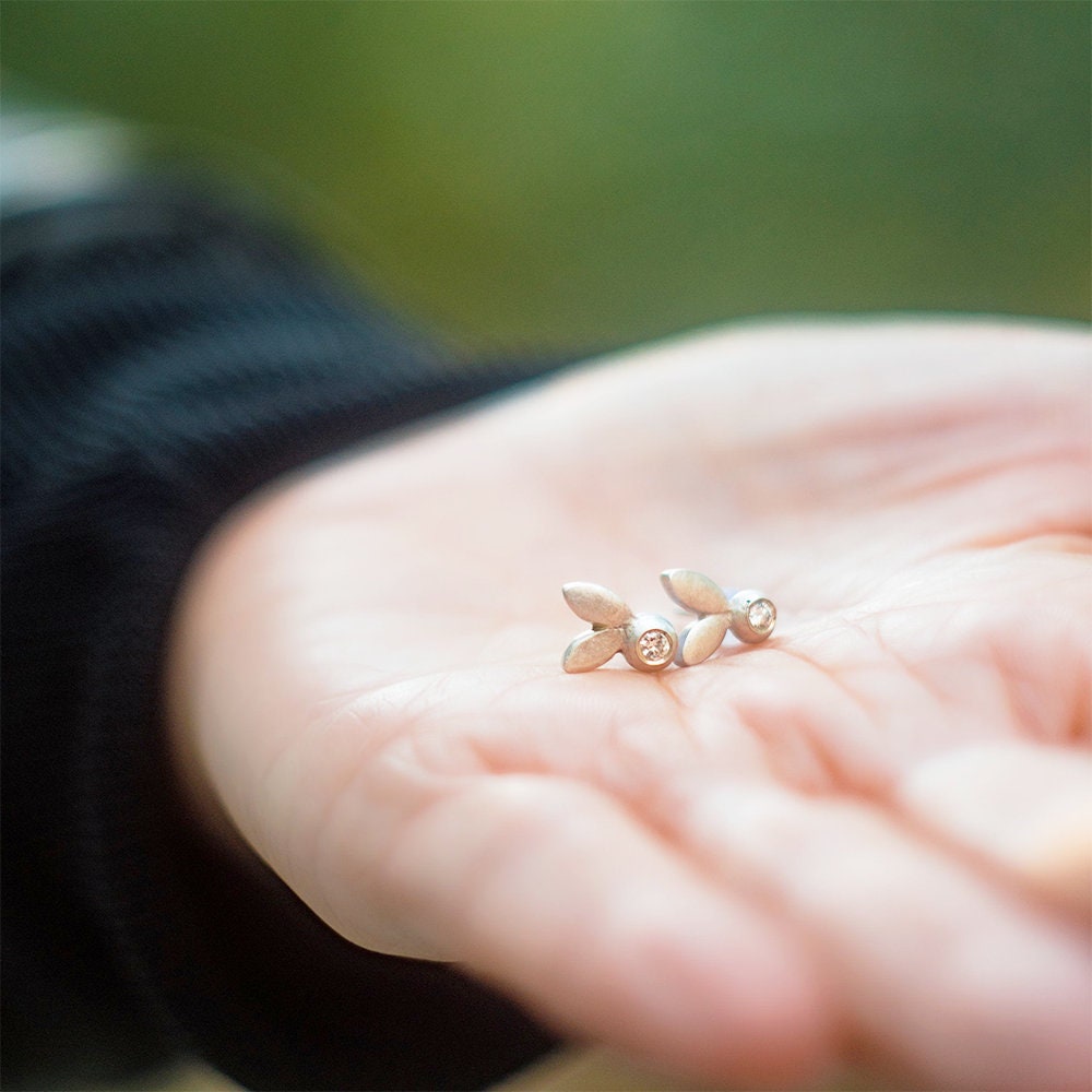 Sterling Silver Olive Leaf Diamond Stud Earrings, Botanical Jewelry